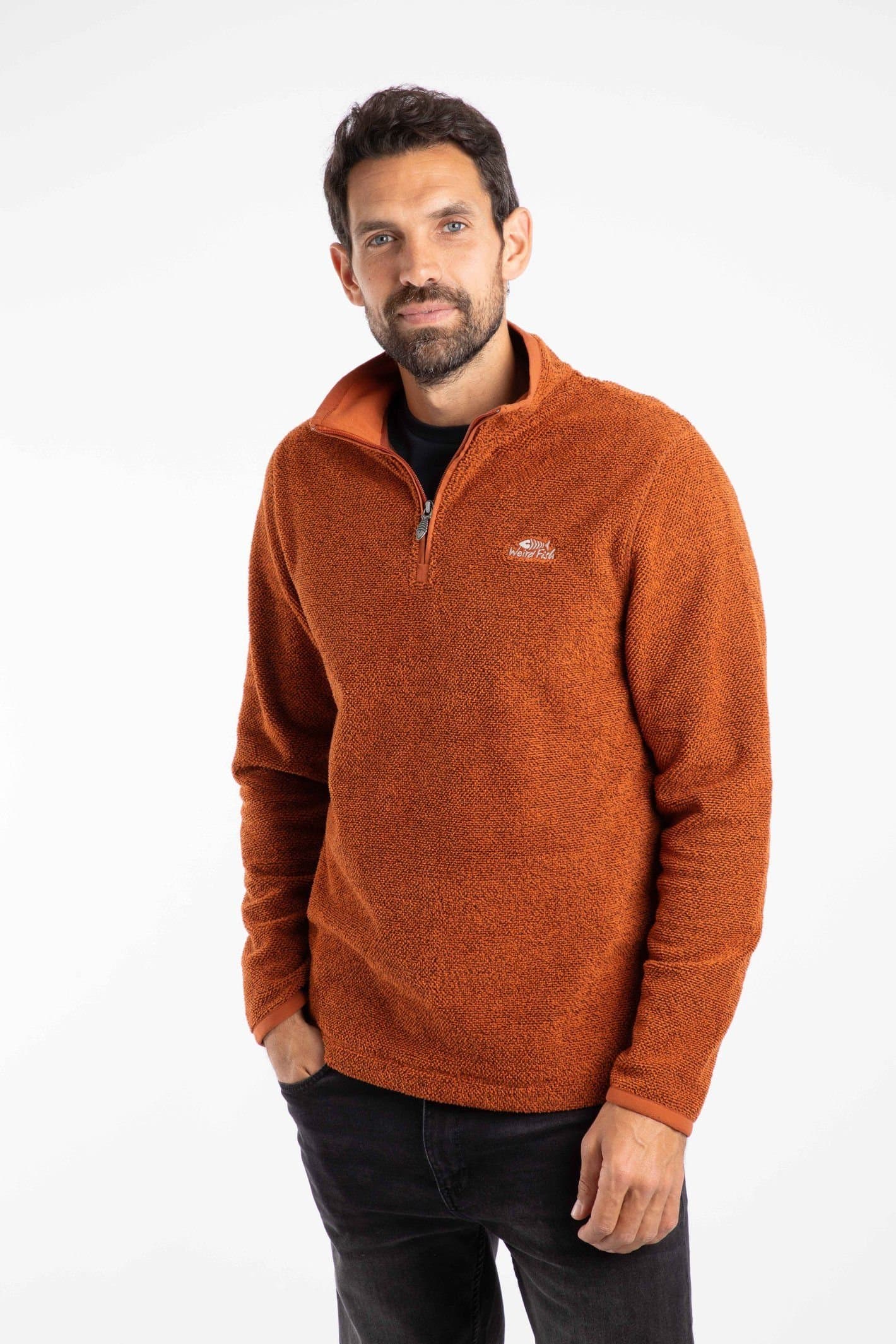 Weird Fish Weird Fish Men's Errill 1/4 Zip Textured Fleece in Burnt Orange