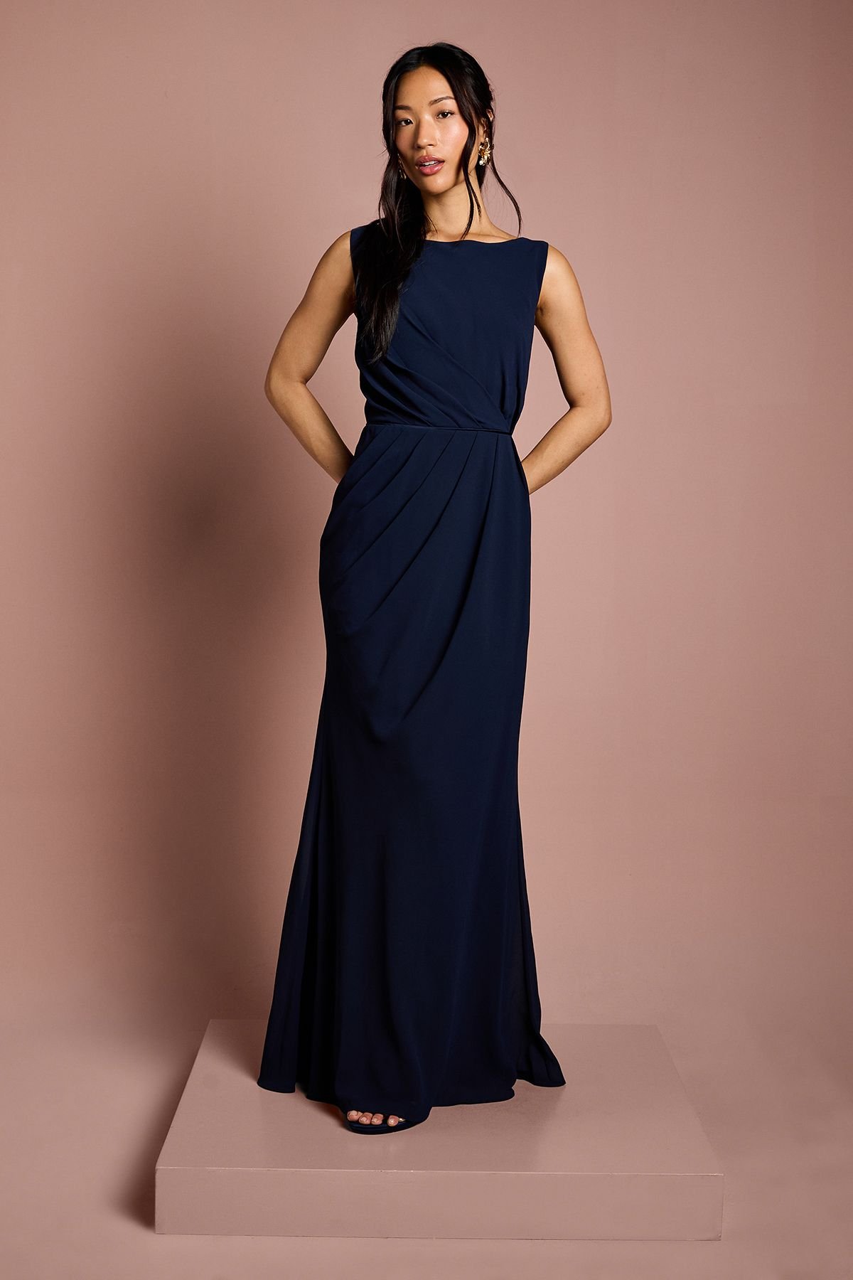 Coast Coast Women's Satin Lace Back Detail Maxi Bridesmaid Dress in Navy - 2