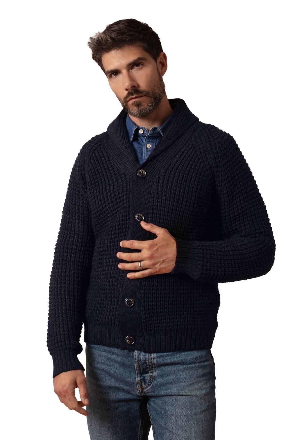 Celtic & Co Celtic & Co Men's British Waffle Stitch Cardigan in Dark Navy