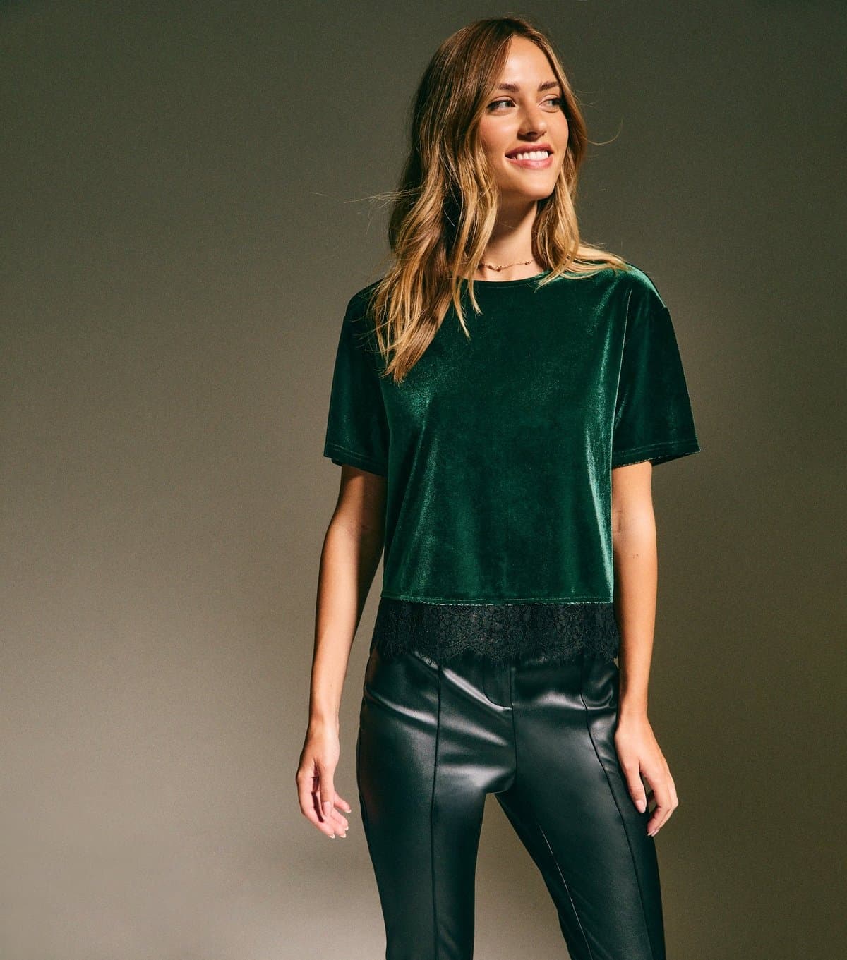 New Look New Look Dark Green Velvet Crew Neck T-Shirt