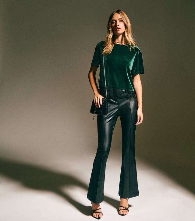 New Look Women's Dark Green Lace Trimmed Velvet Top New Look - 2