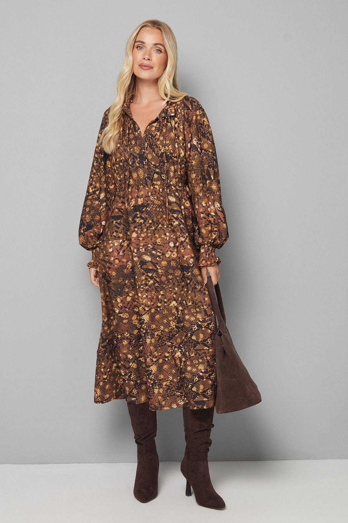 Wallis Wallis Women's Petite Snake Print Woven Ruffle Collar Midi Dress in Brown - 2