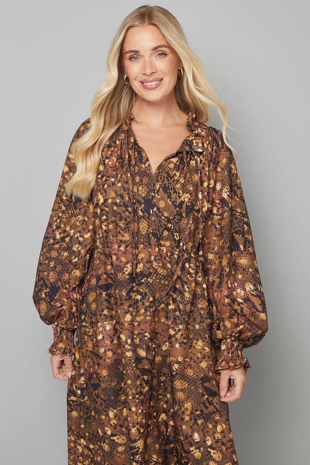 Wallis Wallis Women's Petite Snake Print Woven Ruffle Collar Midi Dress in Brown - 2