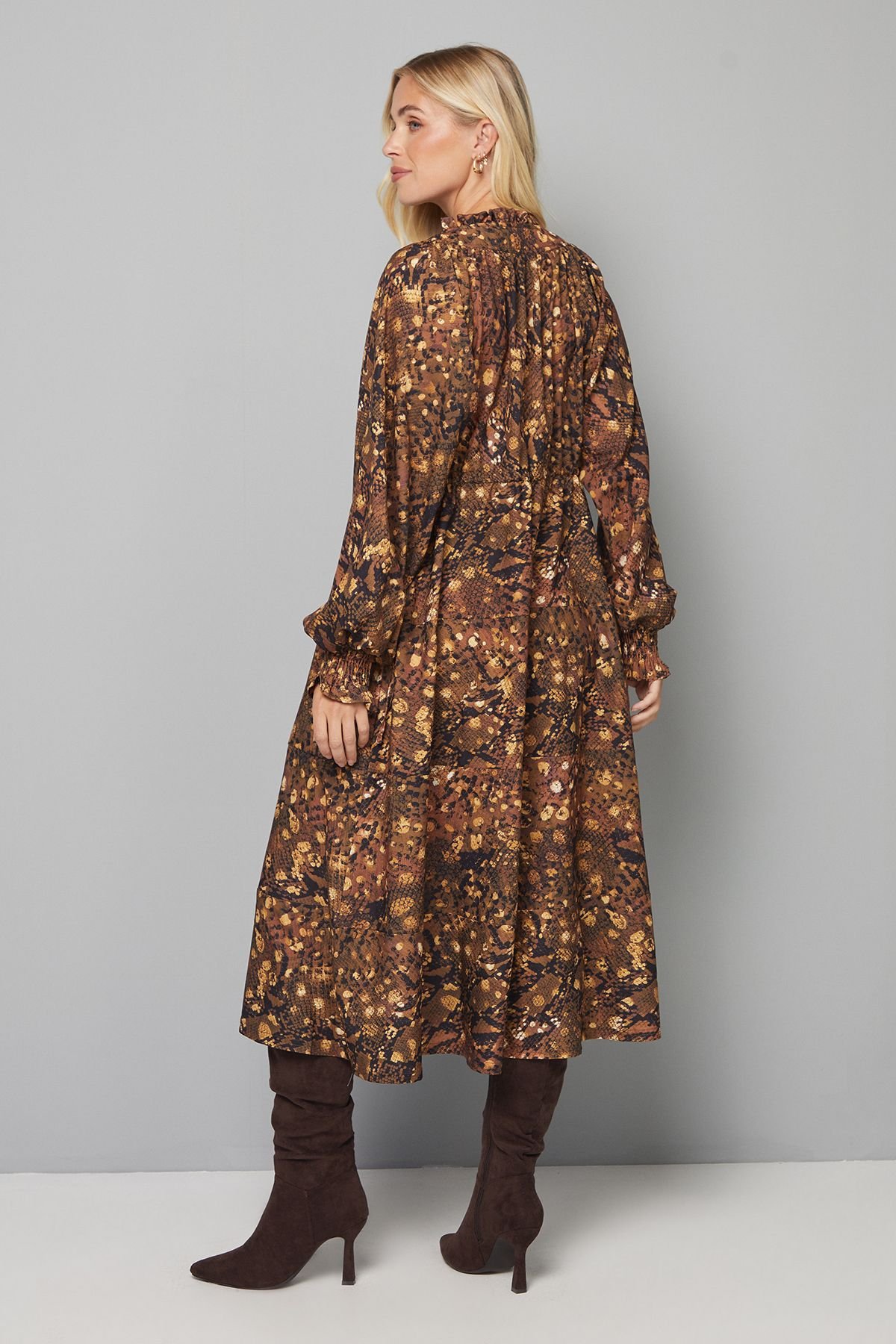 Wallis Wallis Women's Petite Snake Print Woven Ruffle Collar Midi Dress in Brown - 3
