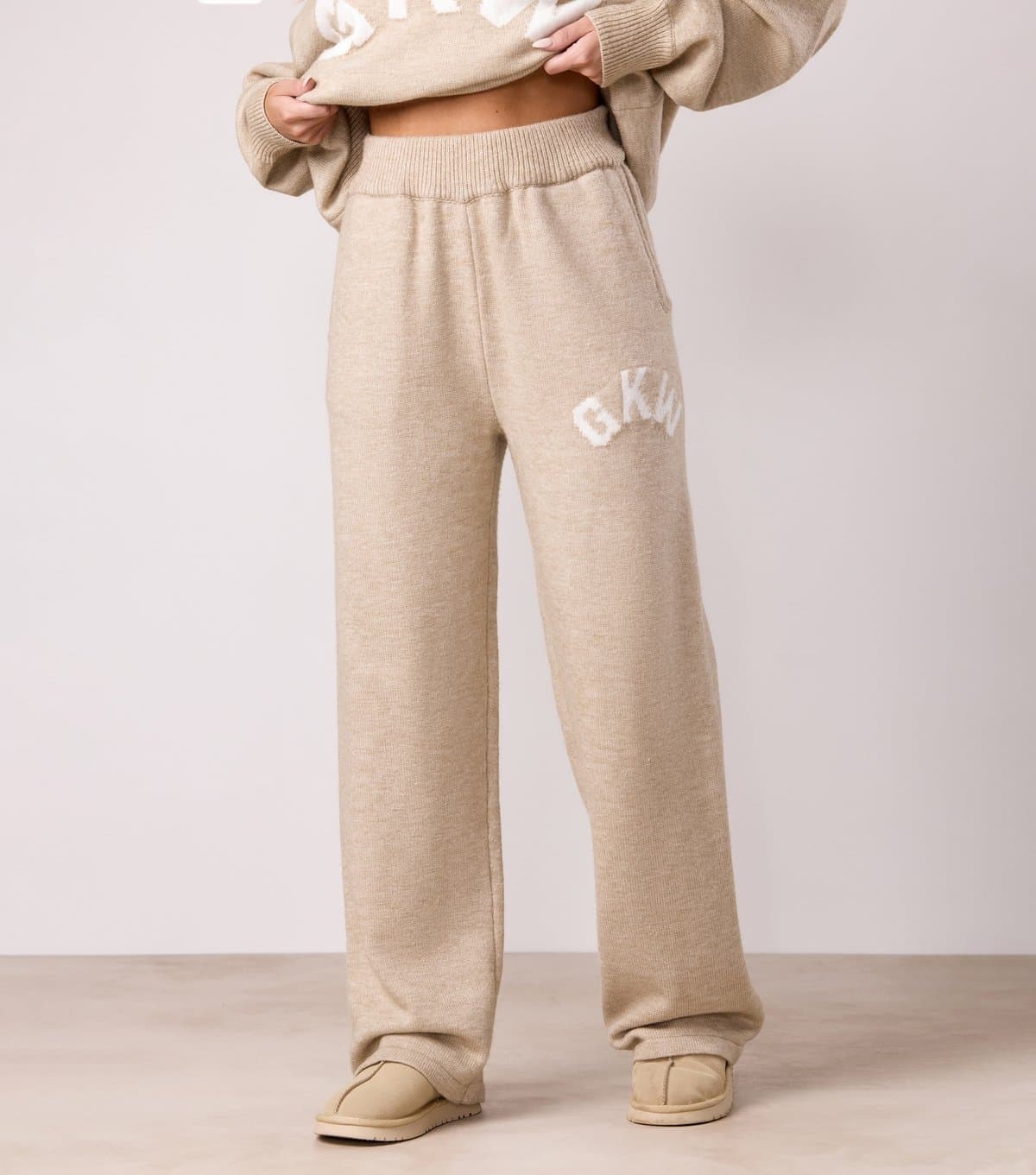 Gym King Women's Cream Knit Contrast Logo Straight Leg Trousers Gym King New Look