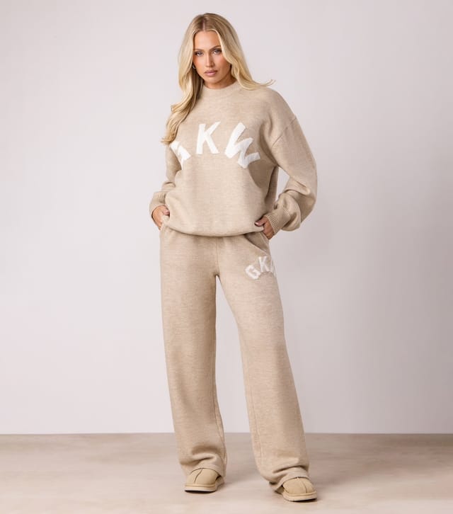 Gym King Women's Cream Knit Contrast Logo Straight Leg Trousers Gym King New Look - 2