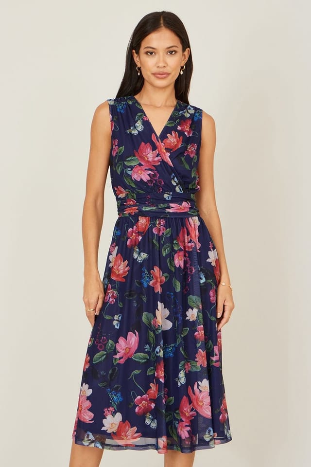 Yumi Yumi Women's Blurred Floral Mesh Wrap Midi Dress in Navy - 2