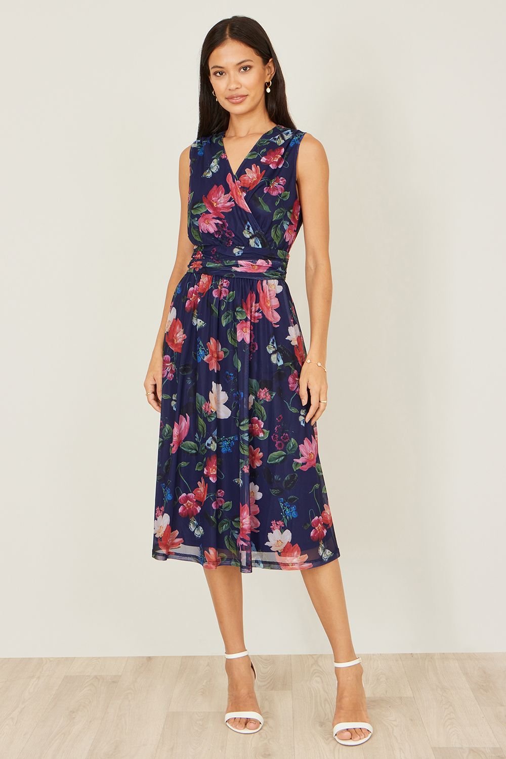 Yumi Yumi Women's Blurred Floral Mesh Wrap Midi Dress in Navy - 3