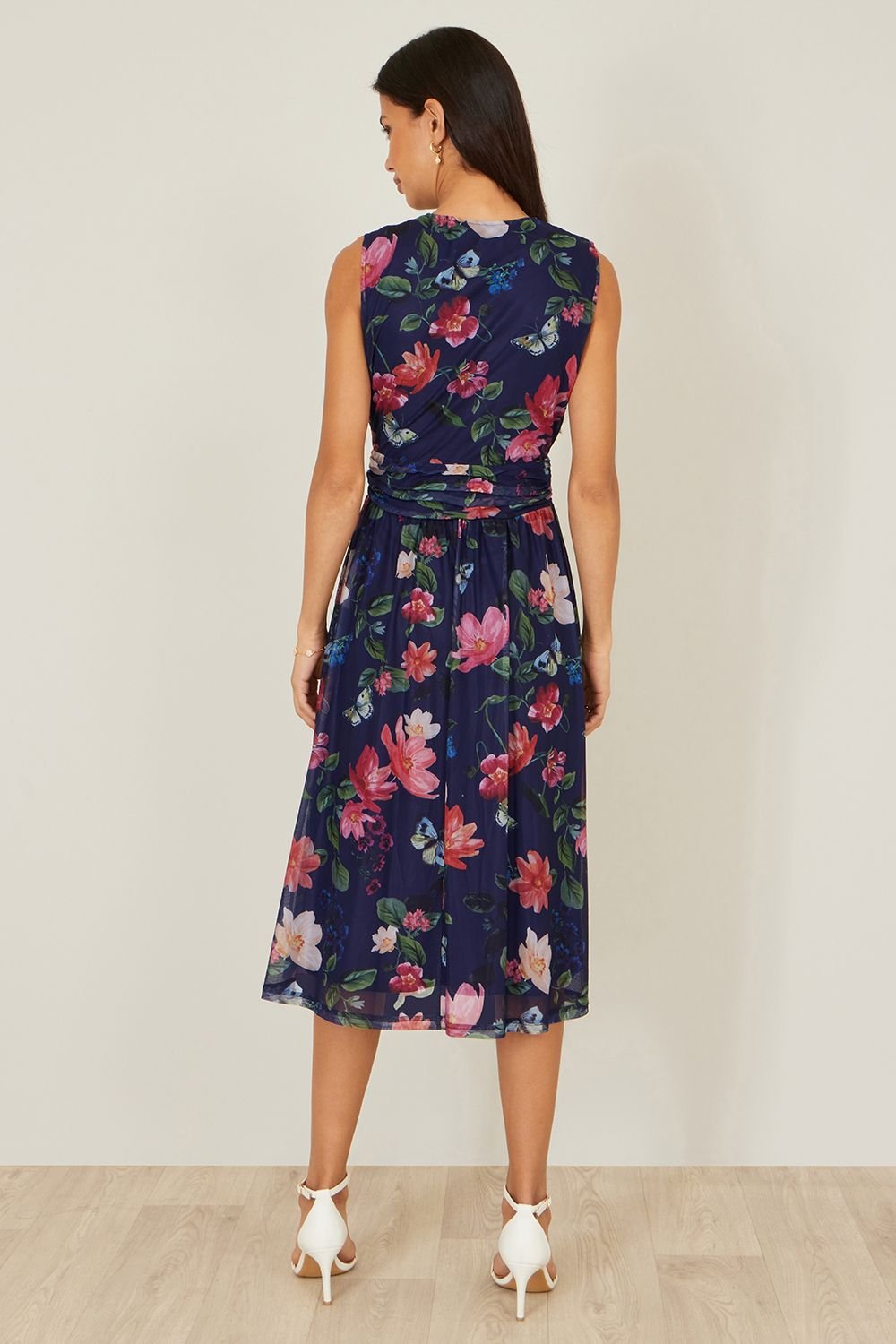 Yumi Yumi Women's Blurred Floral Mesh Wrap Midi Dress in Navy - 4