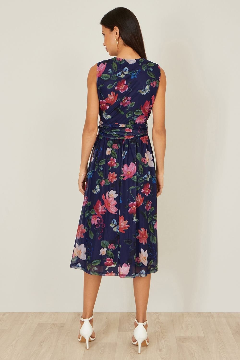 Yumi Yumi Women's Blurred Floral Mesh Wrap Midi Dress in Navy - 4
