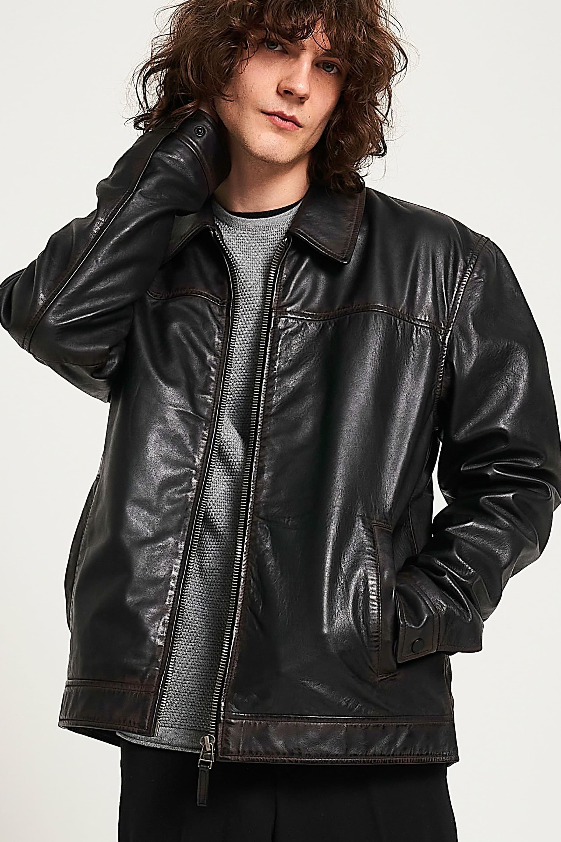 Barneys Originals Barneys Originals Men's Worn Washed Leather Jacket in Black