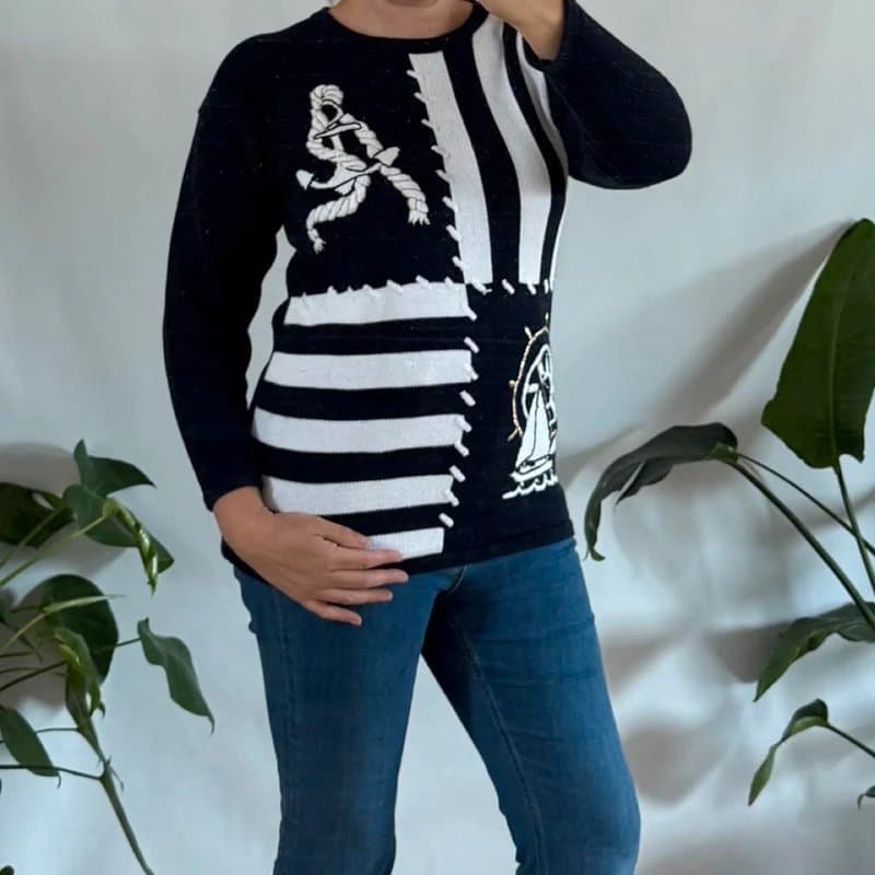 Jumpers 90s Oversized Navy Nautical Embroidered Striped Cotton Jumper