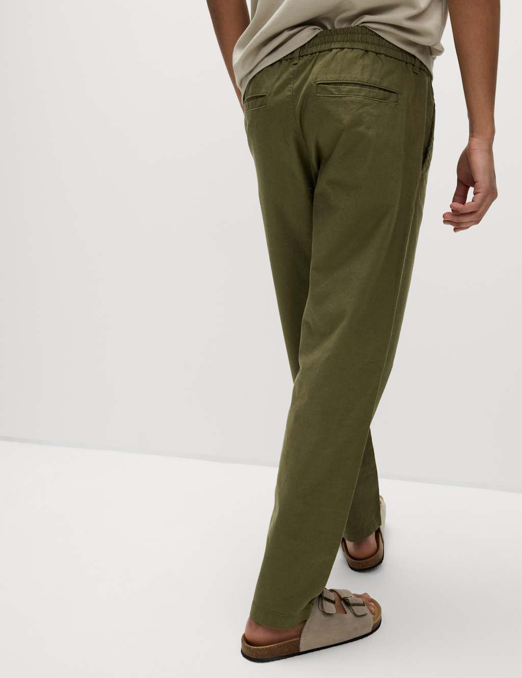 Marks & Spencer M&S Tapered Fit Cotton Linen Blend Elasticated Trousers Khaki - 3
