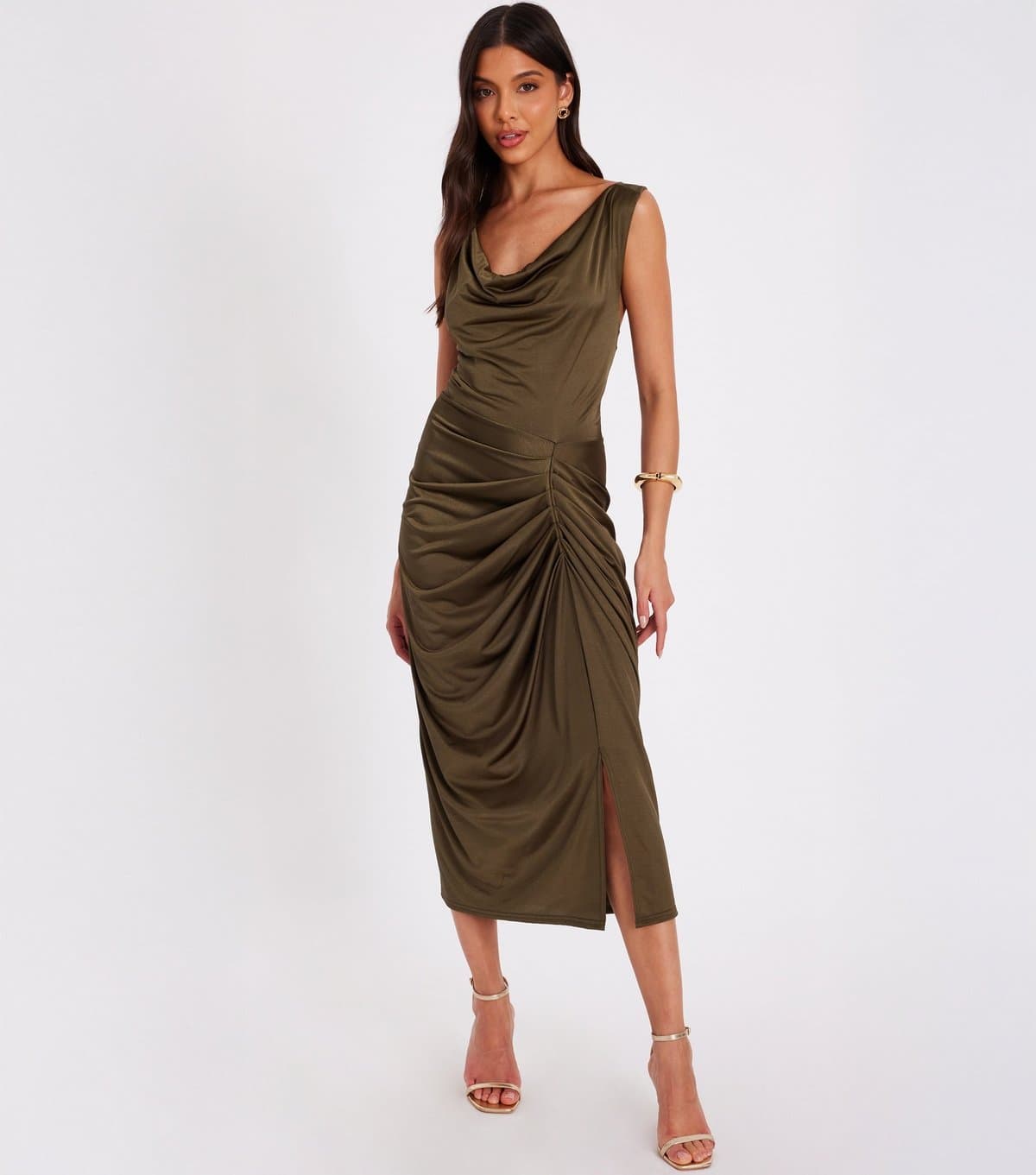 Quiz Women's Khaki Cowl Neck Ruched Dress Quiz New Look