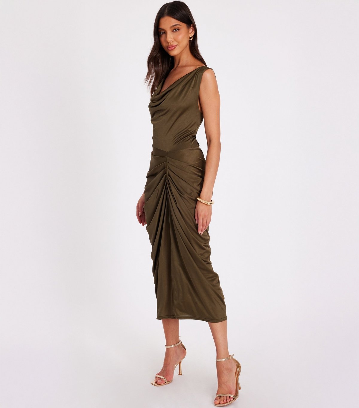 Quiz Women's Khaki Cowl Neck Ruched Dress Quiz New Look - 2