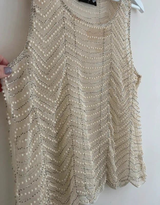 Danity 🤍 Y2K Cream Pearl Beaded Mesh Top Sheer Festival Ibiza Coquette Glam Size L 🤍