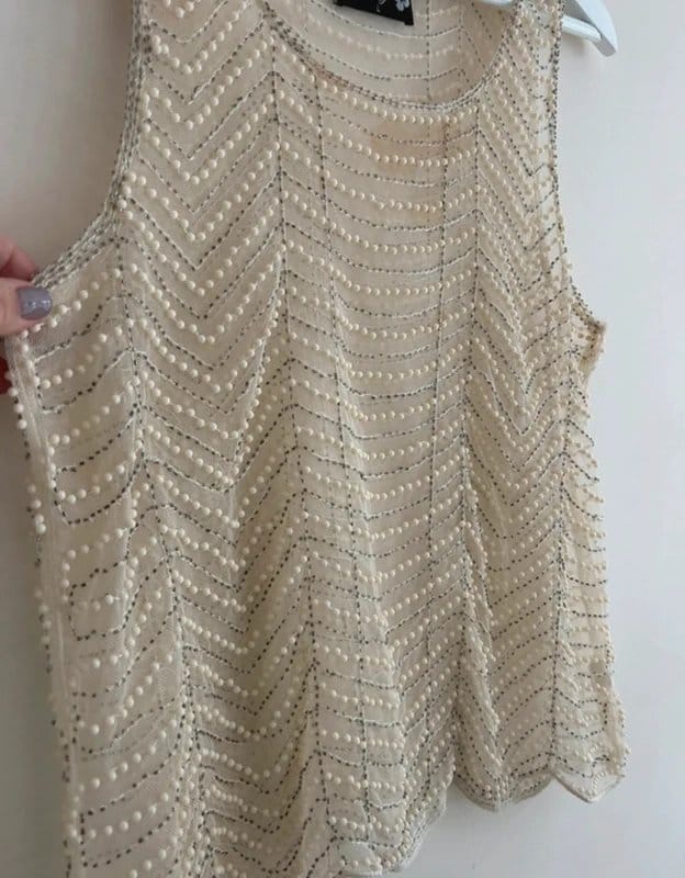 Danity Cream Pearl Beaded Mesh Sheer Festival Top Size L