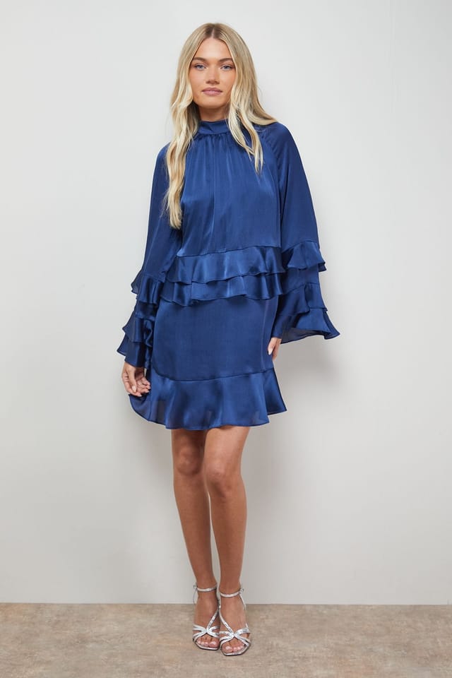 Oasis Oasis Women's Layered Ruffle Sleeve Bow Back Mini Dress in Navy - 2