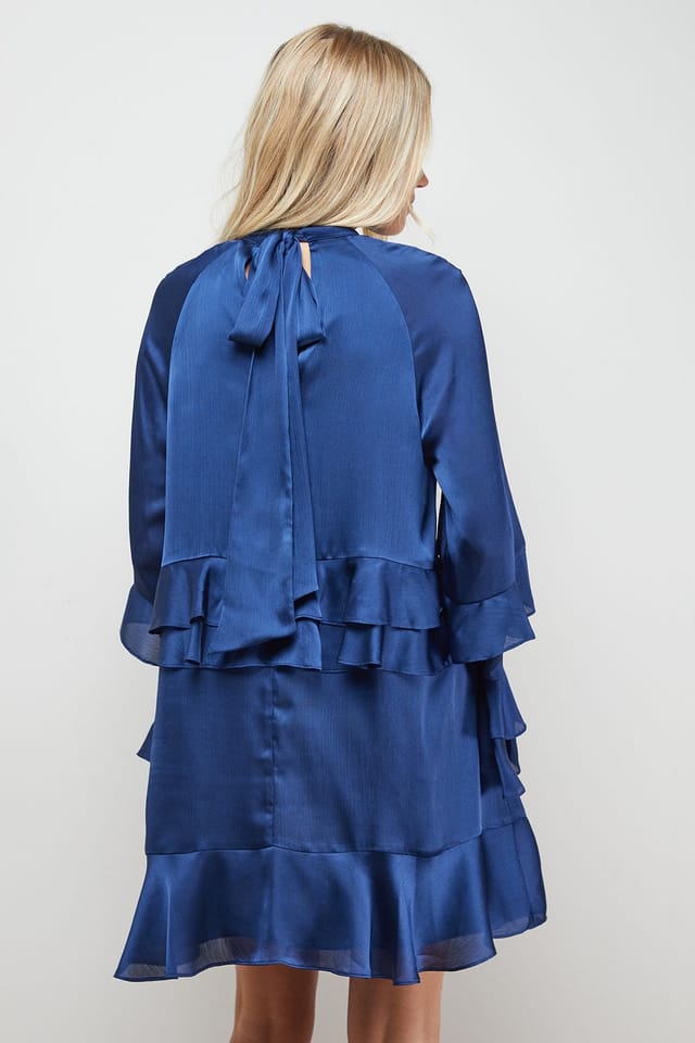 Oasis Oasis Women's Layered Ruffle Sleeve Bow Back Mini Dress in Navy - 3