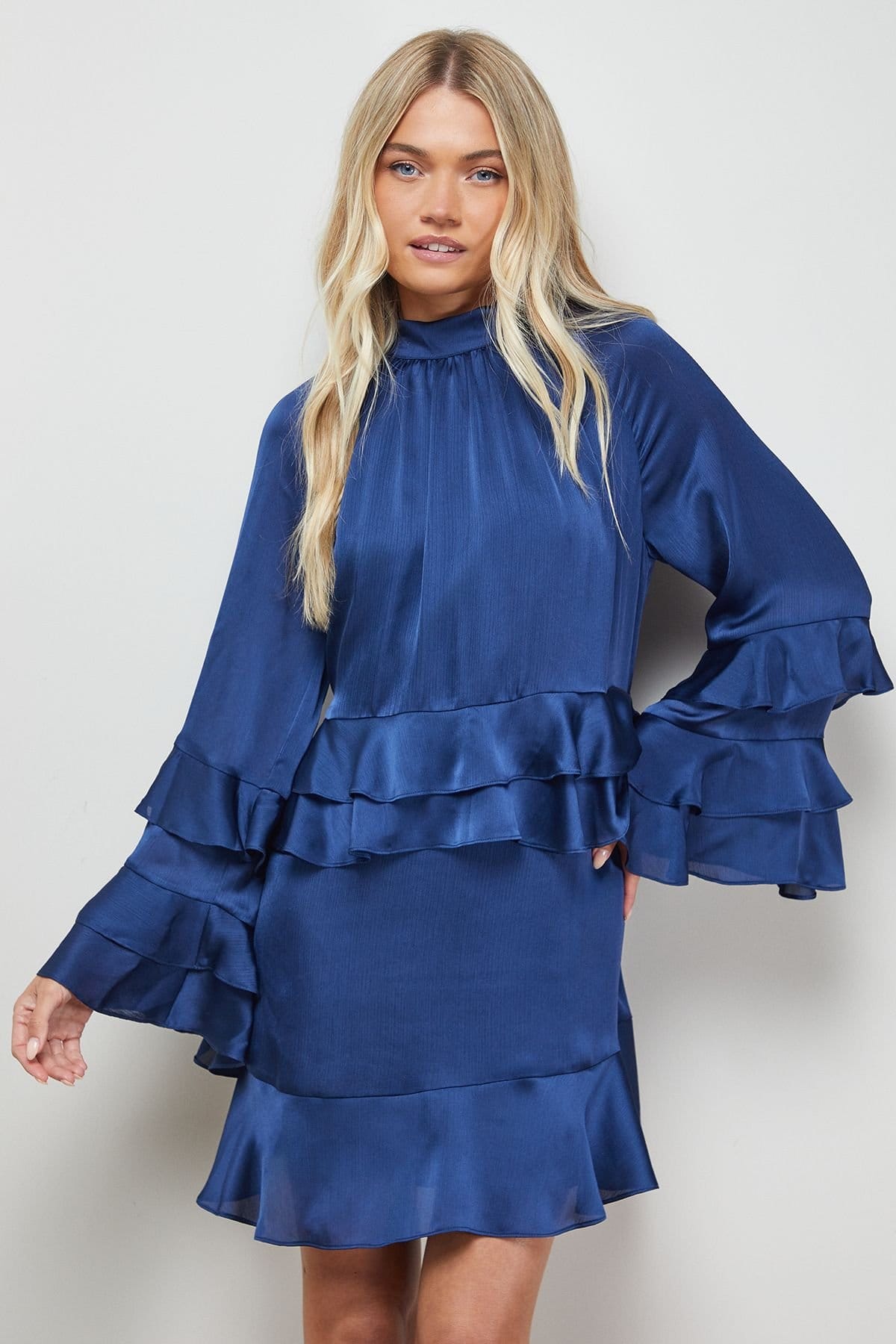 Oasis Oasis Women's Layered Ruffle Sleeve Bow Back Mini Dress in Navy - 4