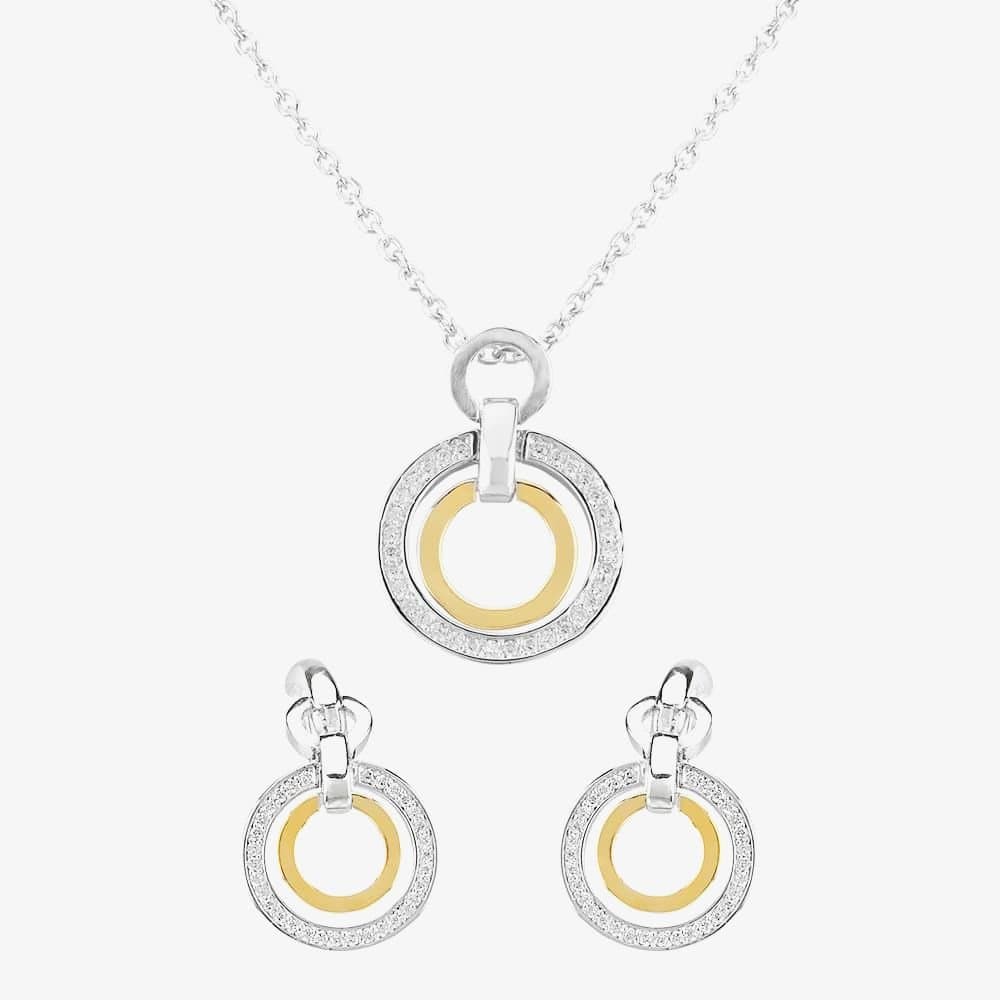 T.H.Baker T.H.Baker Women's Two Tone Cubic Zirconia Double Open Circle Pendant & Earring Set SET12423 in Gold