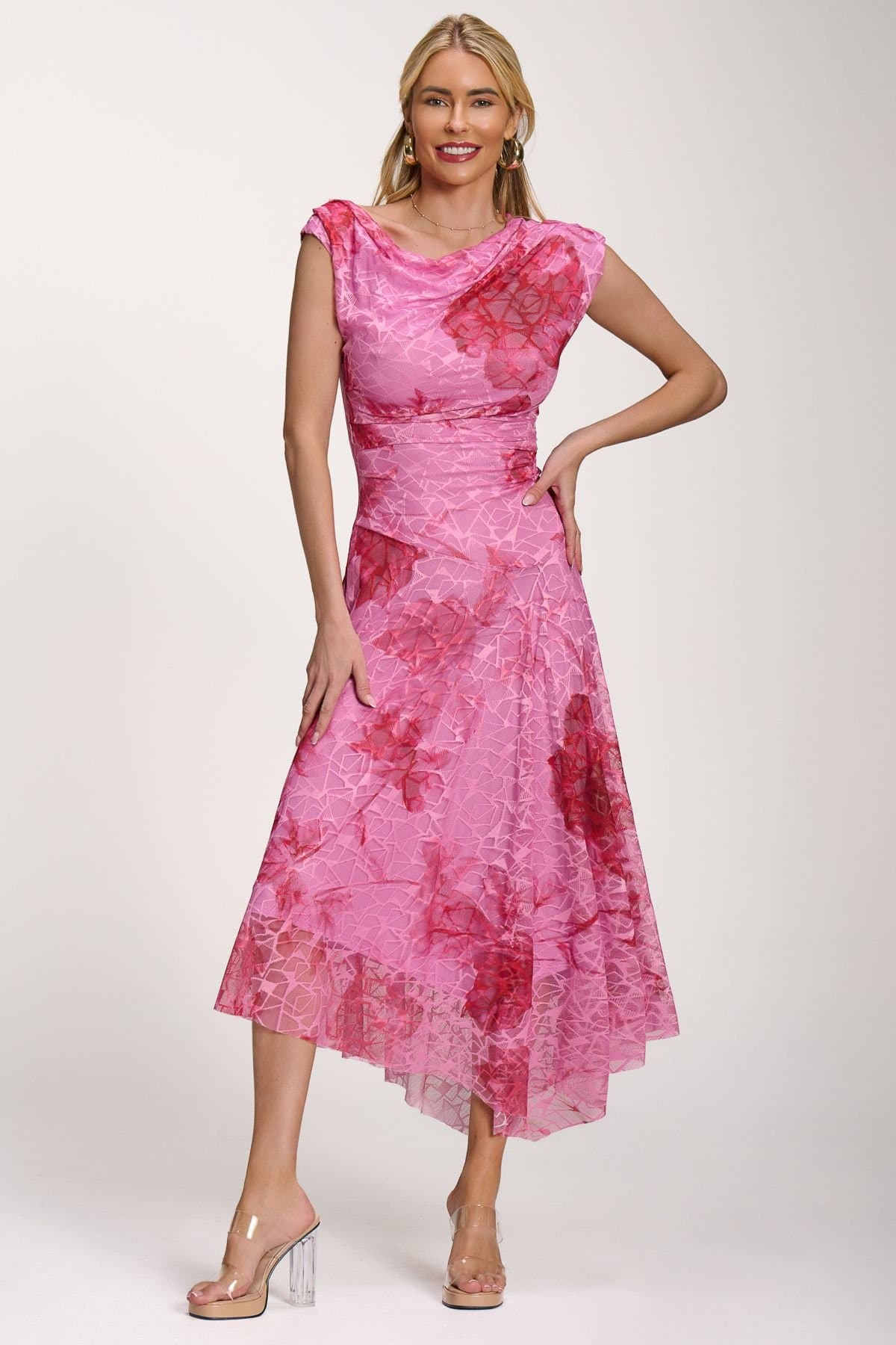 Jolie Moi Jolie Moi Women's Asymmetric Draped Print Lace Maxi Dress in Light Pink