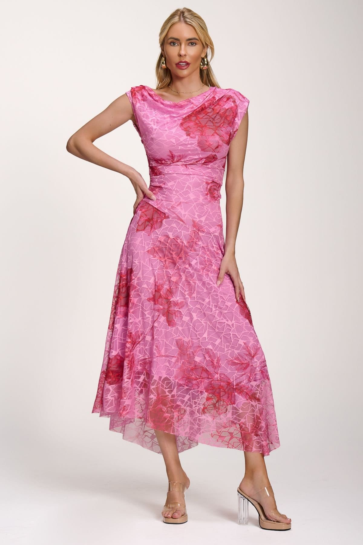 Jolie Moi Jolie Moi Women's Asymmetric Draped Print Lace Maxi Dress in Light Pink - 4