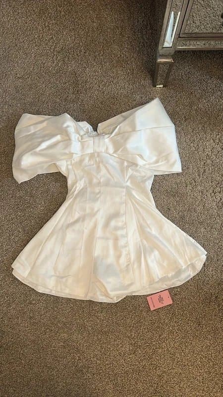 PrettyLittleThing PLT premium satin extreme bow detail white playsuit