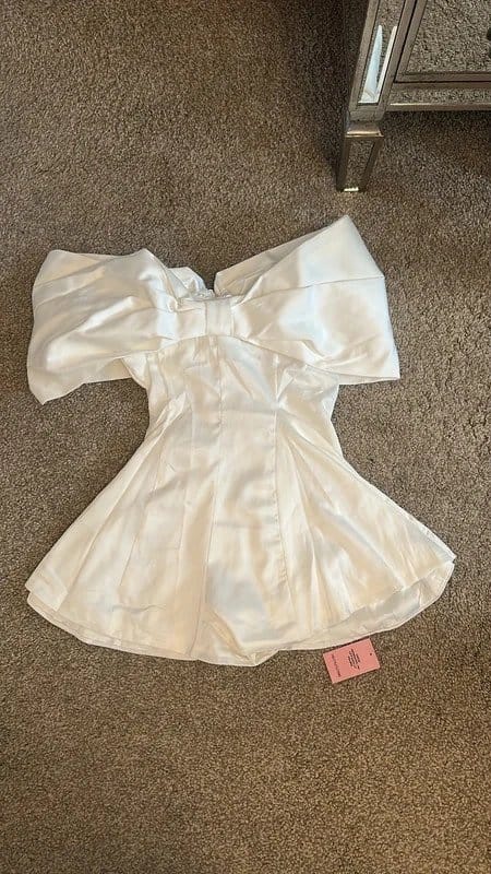 PrettyLittleThing PLT premium satin extreme bow detail white playsuit - 1