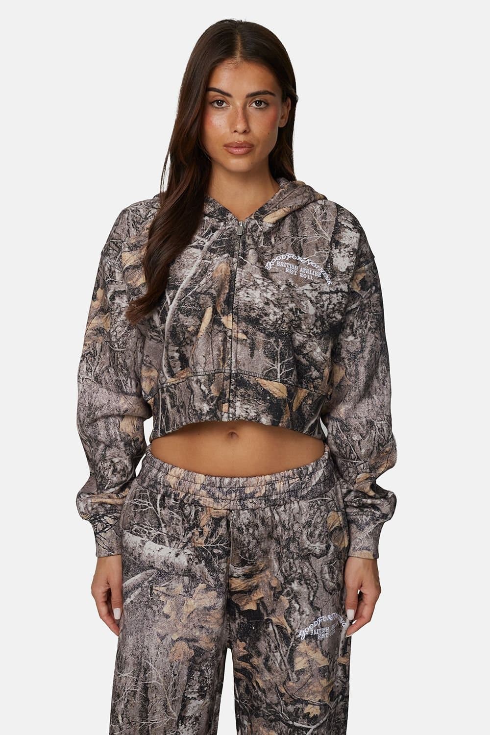 Good For Nothing Good For Nothing Women's Cropped Oversized Camo Zip Hoodie in Brown