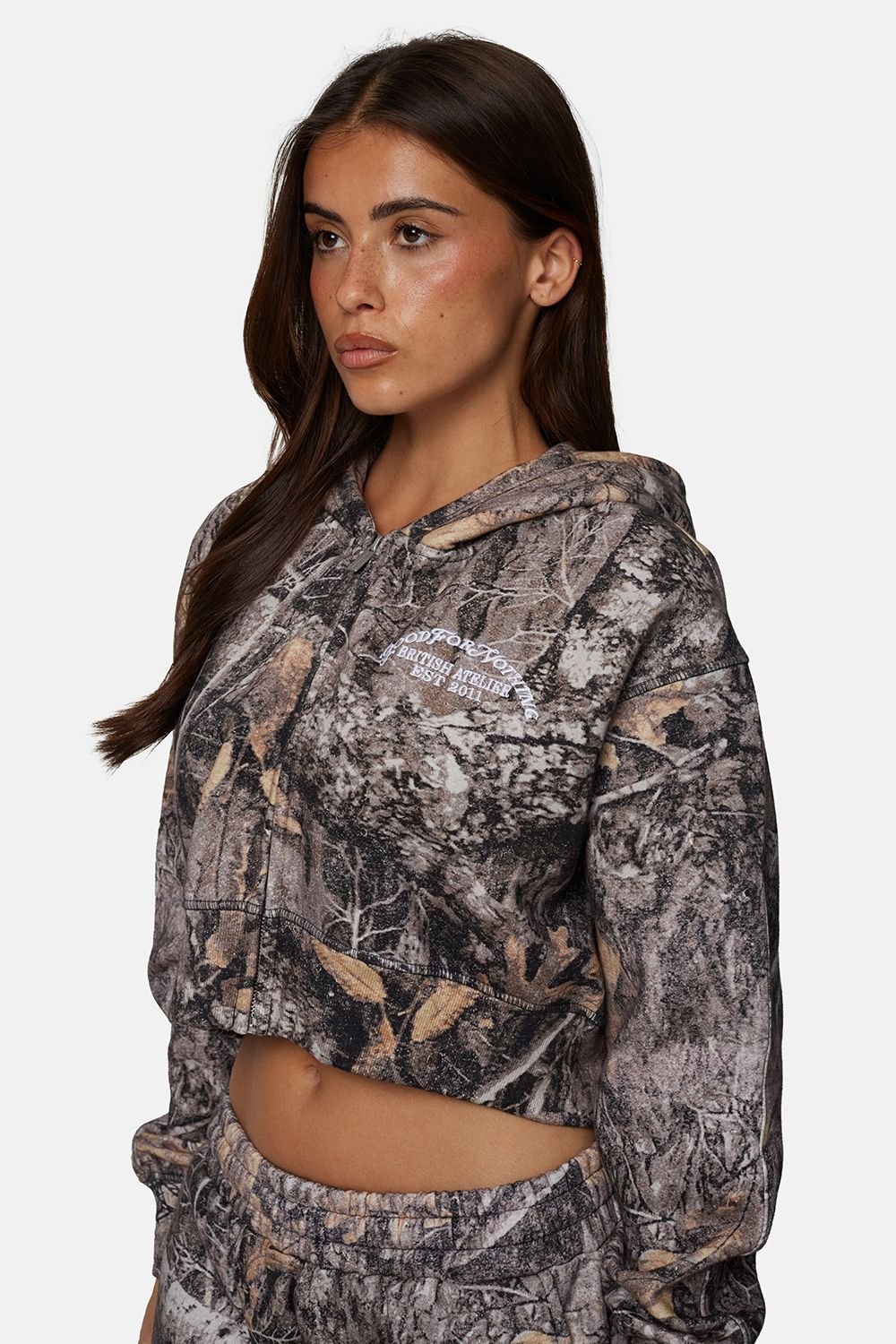 Good For Nothing Good For Nothing Women's Cropped Oversized Camo Zip Hoodie in Brown - 3