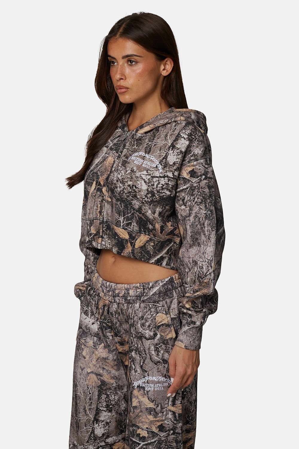 Good For Nothing Good For Nothing Women's Cropped Oversized Camo Zip Hoodie in Brown - 4