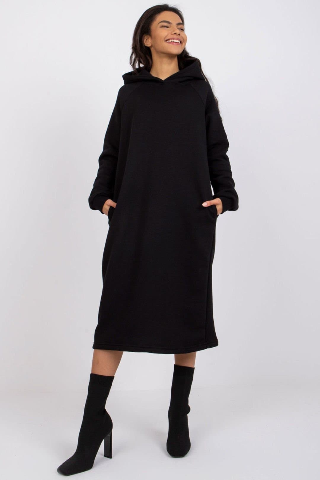 Love Lace Love Lace Women's Oversized Hooded Midi Sweatshirt Dress in Black