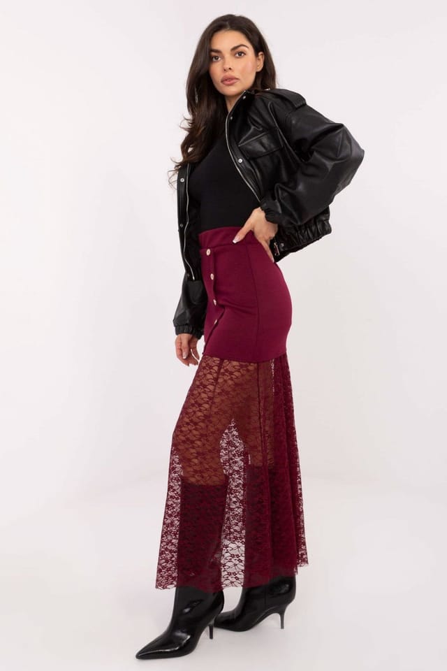 Love Lace Love Lace Women's Lace Insert Mini to Midi Skirt Elastic Waist in Burgundy - 2