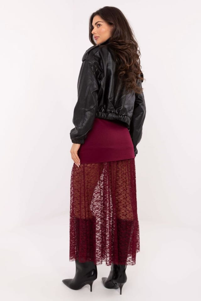 Love Lace Love Lace Women's Lace Insert Mini to Midi Skirt Elastic Waist in Burgundy - 3