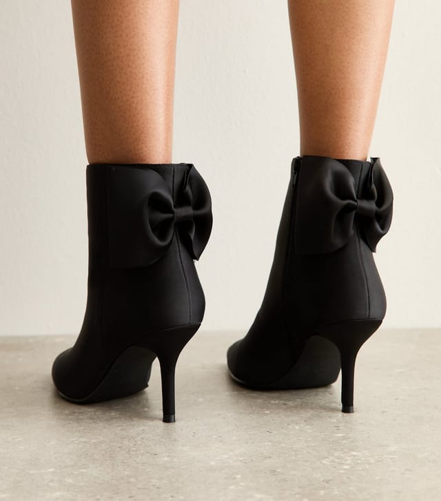 New Look Women's Black Satin Bow Applique Heeled Ankle Boots Vegan New Look - 2