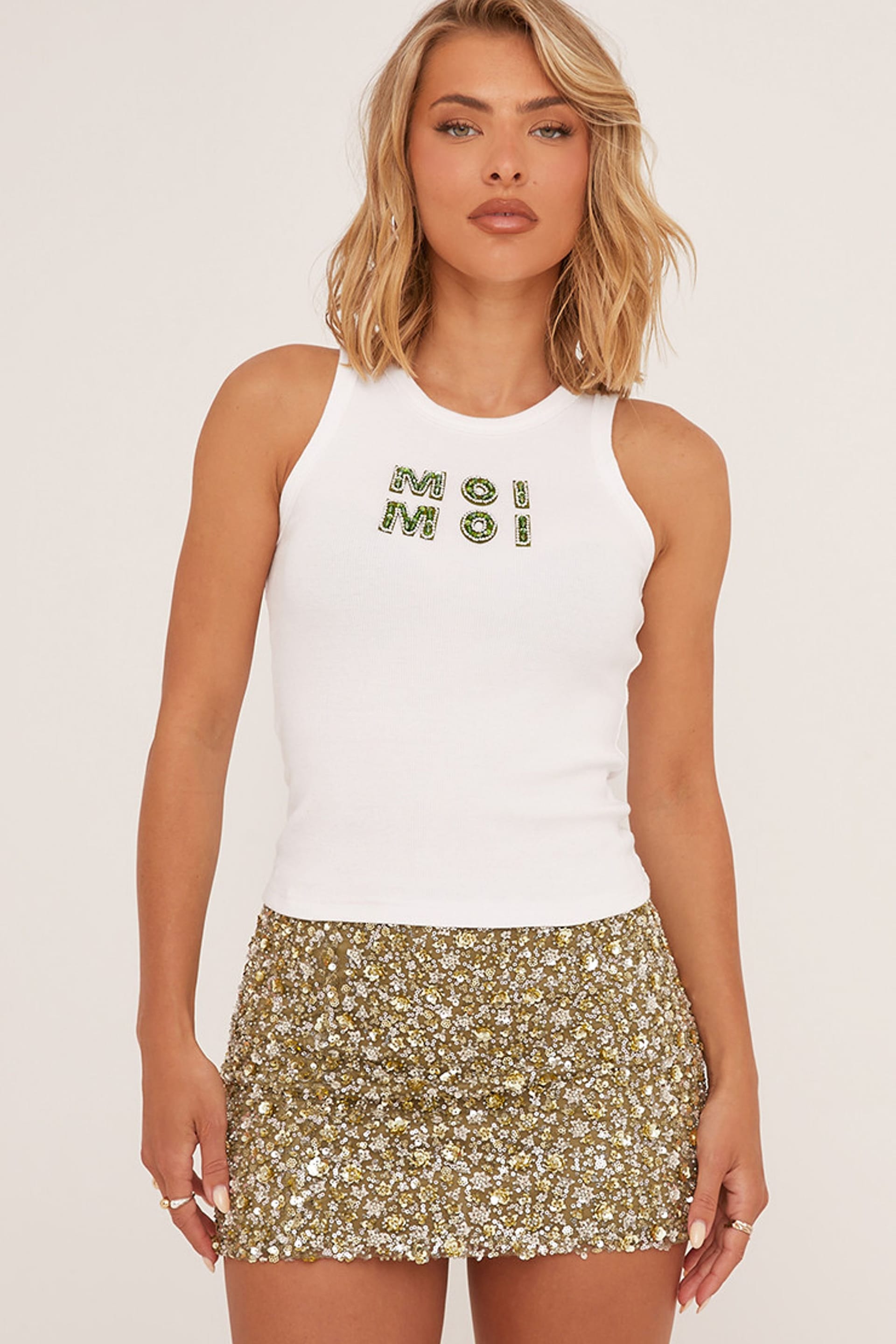 EGO EGO Women's Sequin Mid Rise Mini Skirt in Khaki - 4