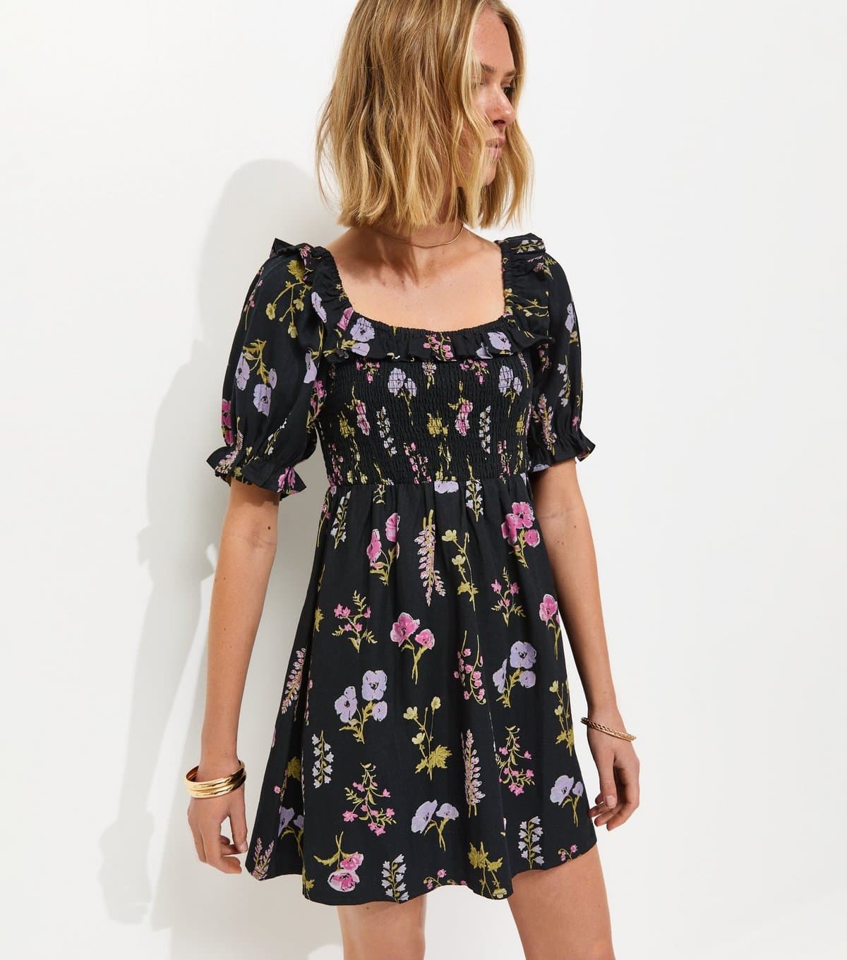 New Look Women's Black Short Sleeve Shirred Frill Mini Dress New Look