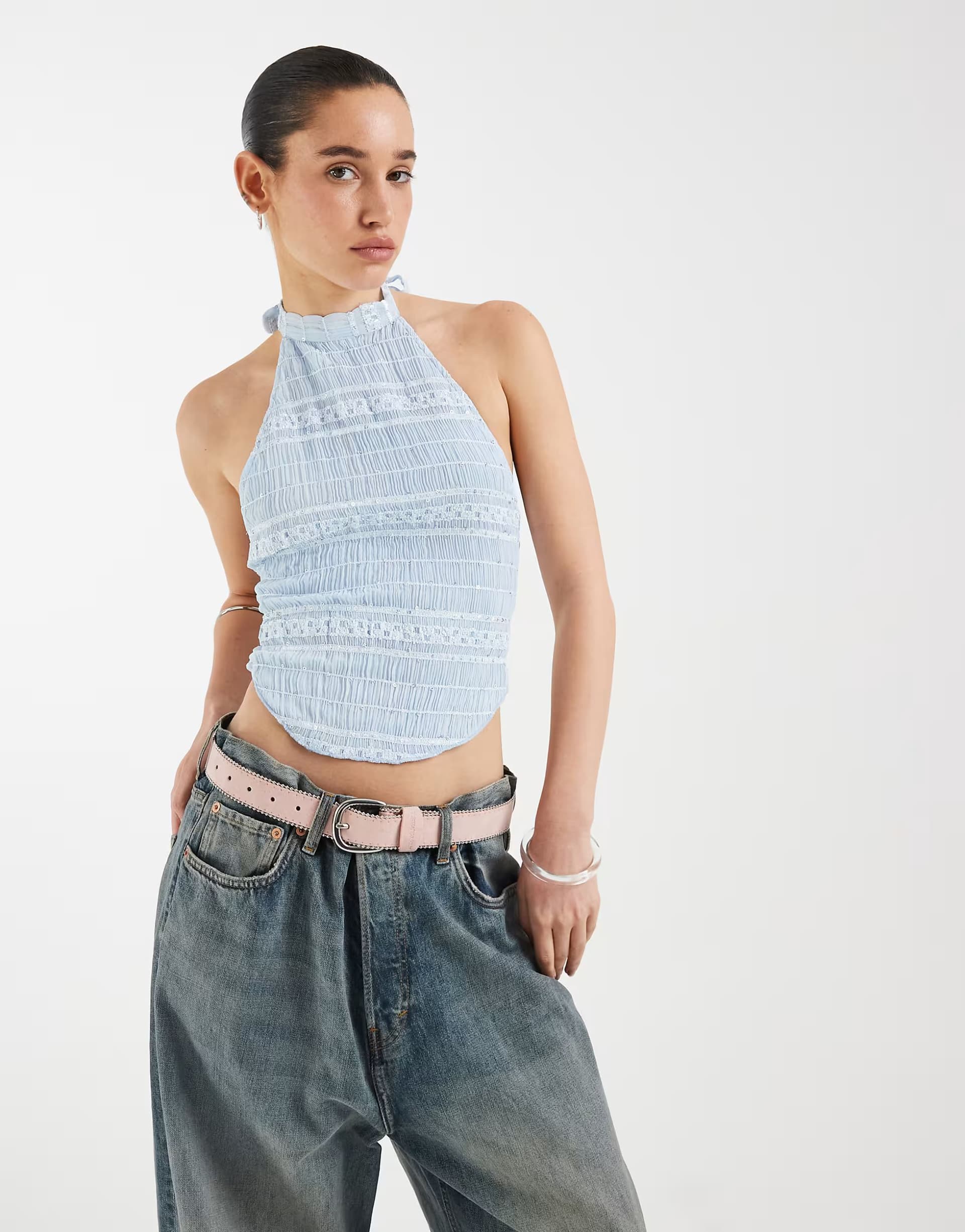 ASOS Motel Adisti sequin mesh high neck tie up top in baby blue
