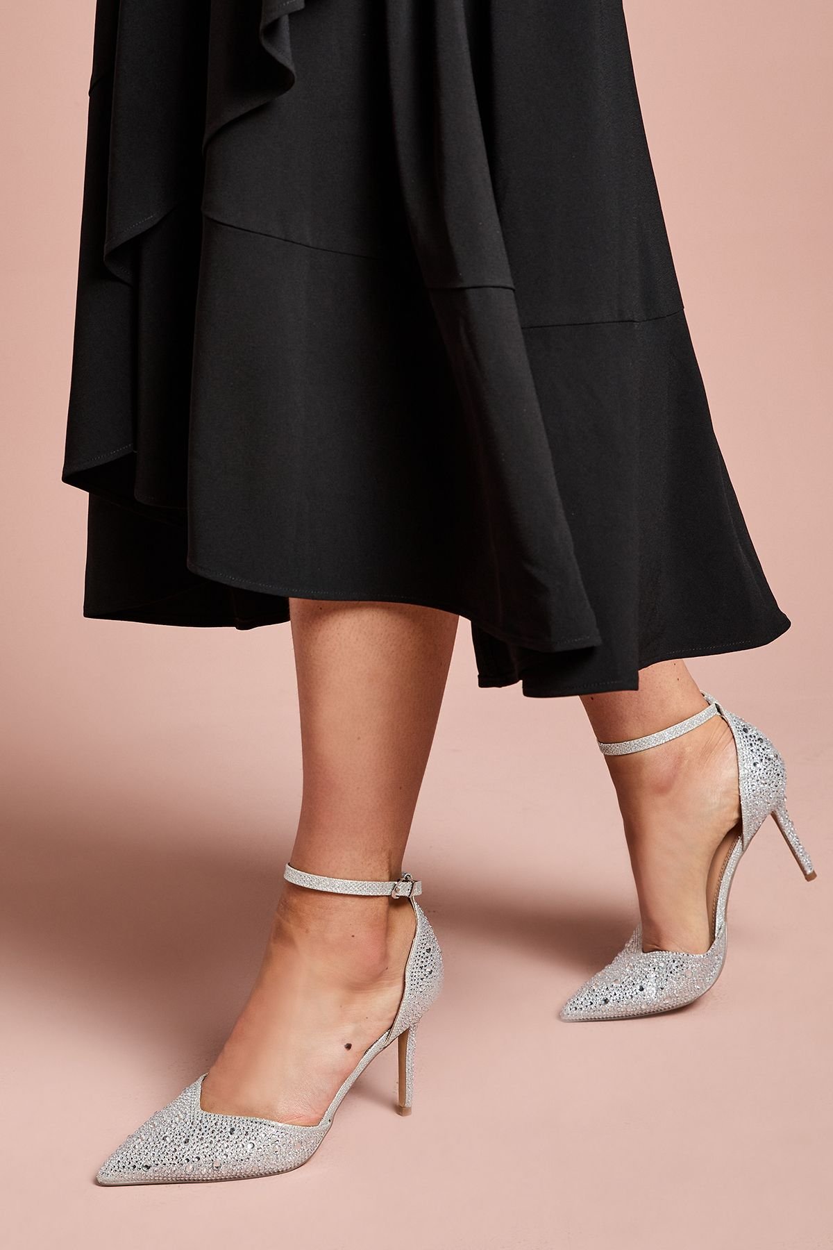 Coast Coast Women's Wide Fit Tanisha Diamante Ankle Strap High Stiletto Court Shoes in Silver - 2