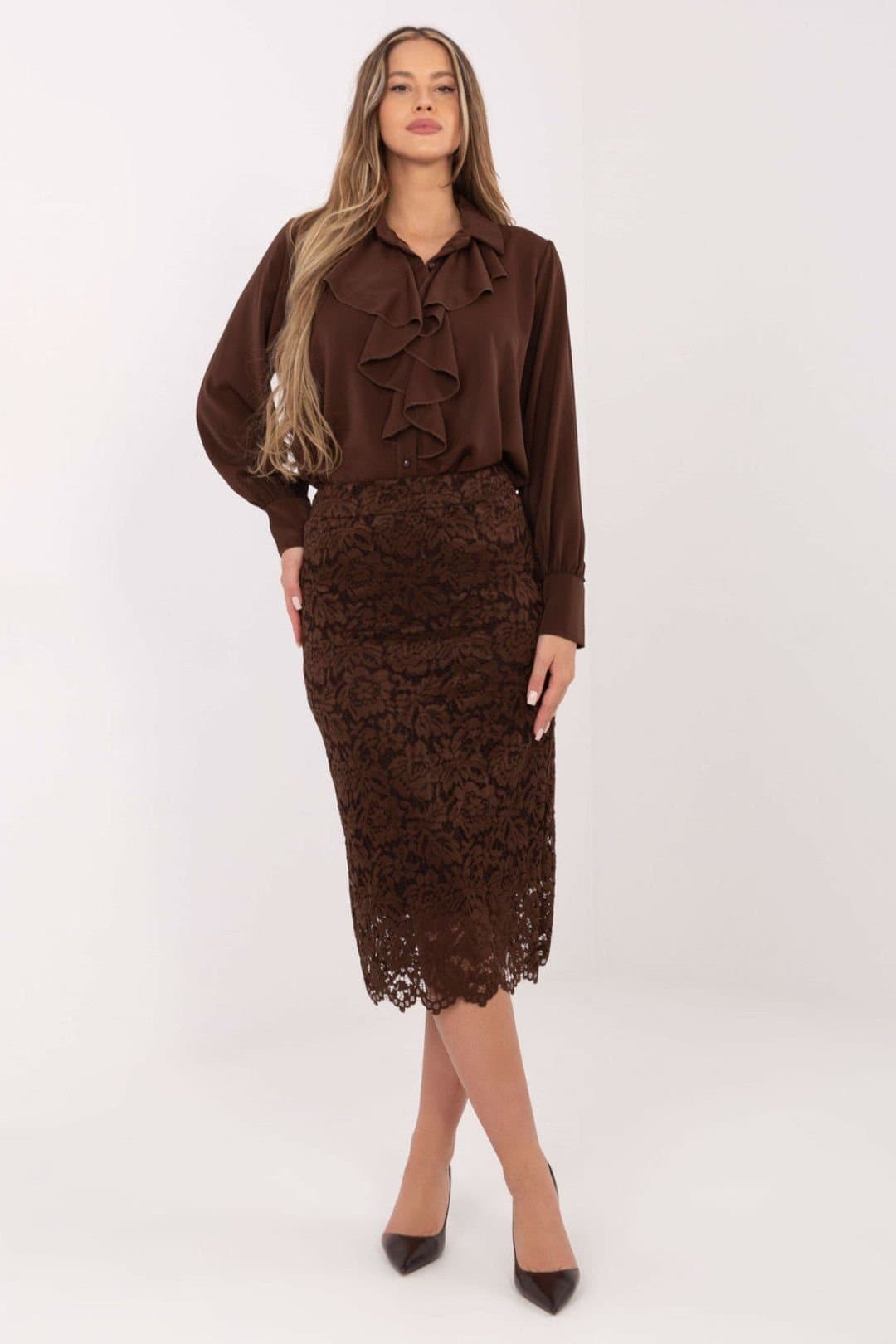 Love Lace Love Lace Brown Lace Midi Skirt with Comfort Lining