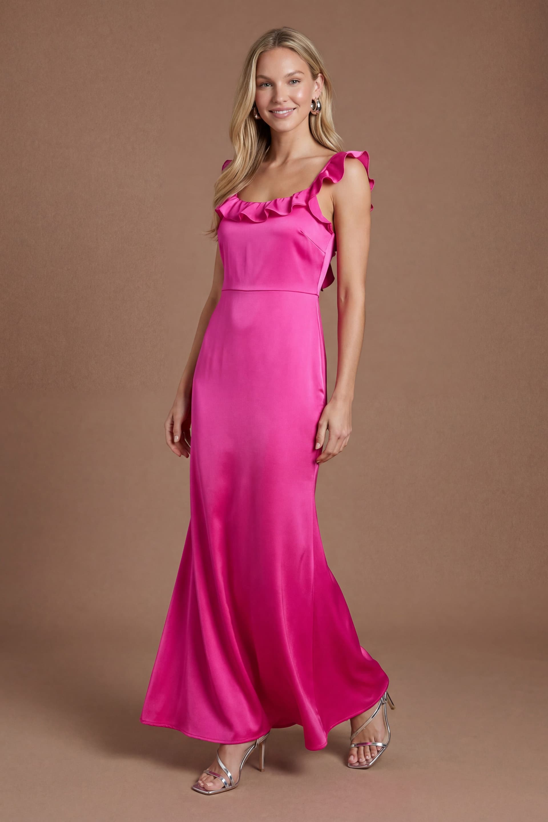 Oasis Oasis Women's Bright Pink Ruffle Square Neck Satin Bridesmaid Maxi Dress