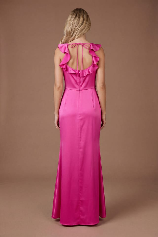 Oasis Oasis Women's Bright Pink Ruffle Square Neck Satin Bridesmaid Maxi Dress - 3