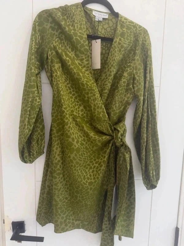 Never Fully Dressed Olive Green Satin Wrap Dress