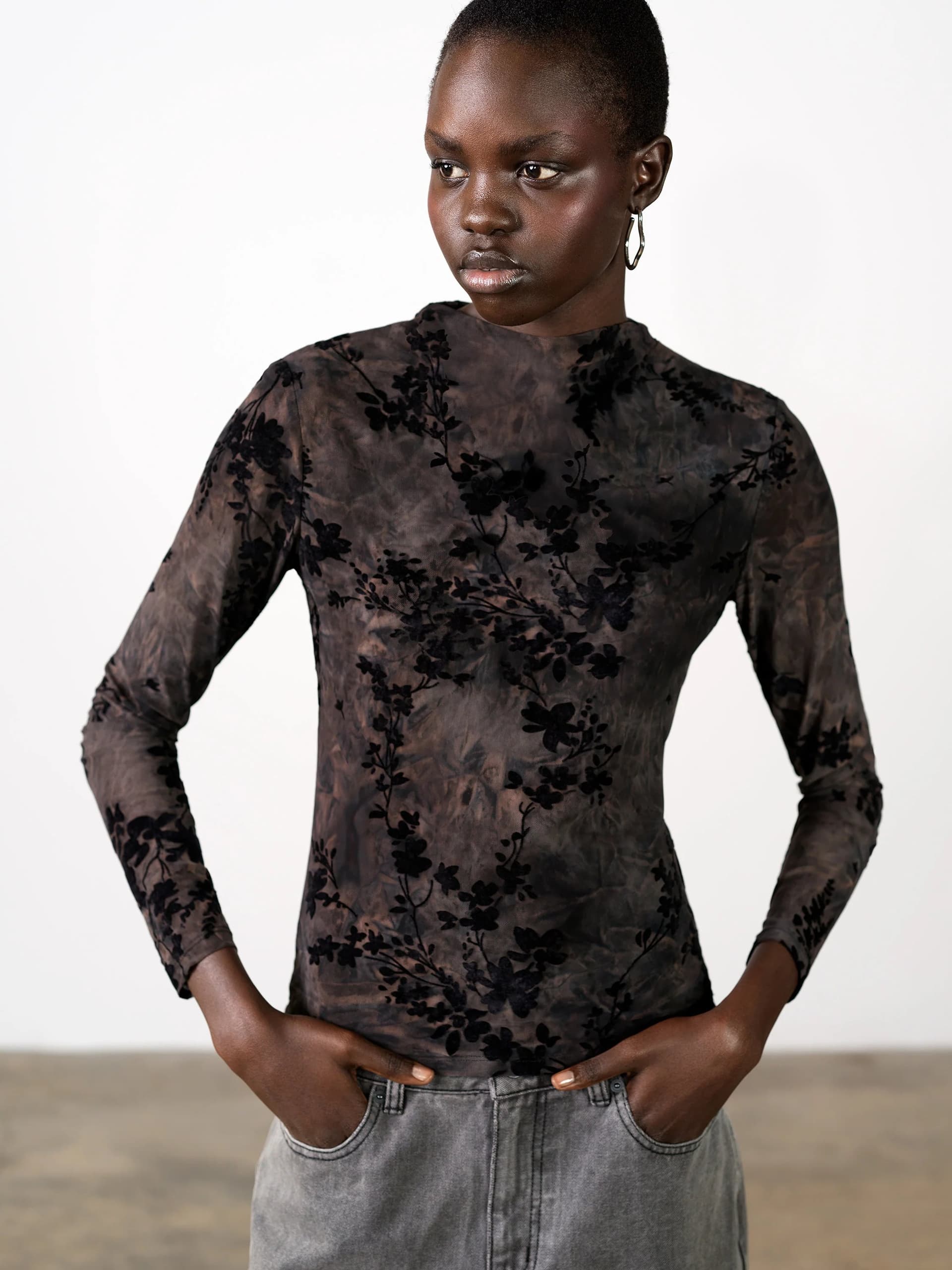 French Connection Kenny Mesh Velvet Burnout Top Black/brown Multi