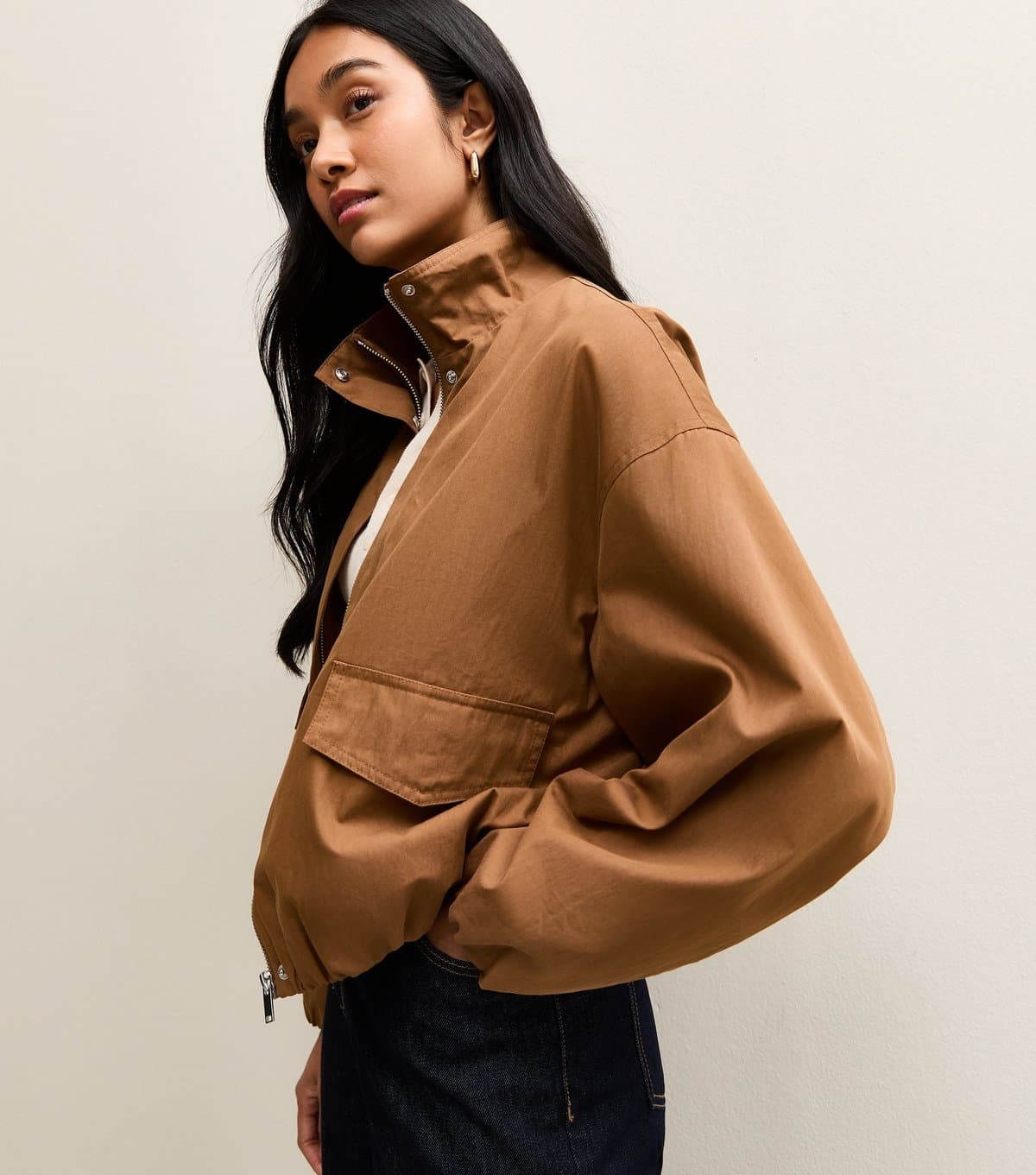 New Look Women's Tan Funnel Neck Bubble Hem Jacket New Look