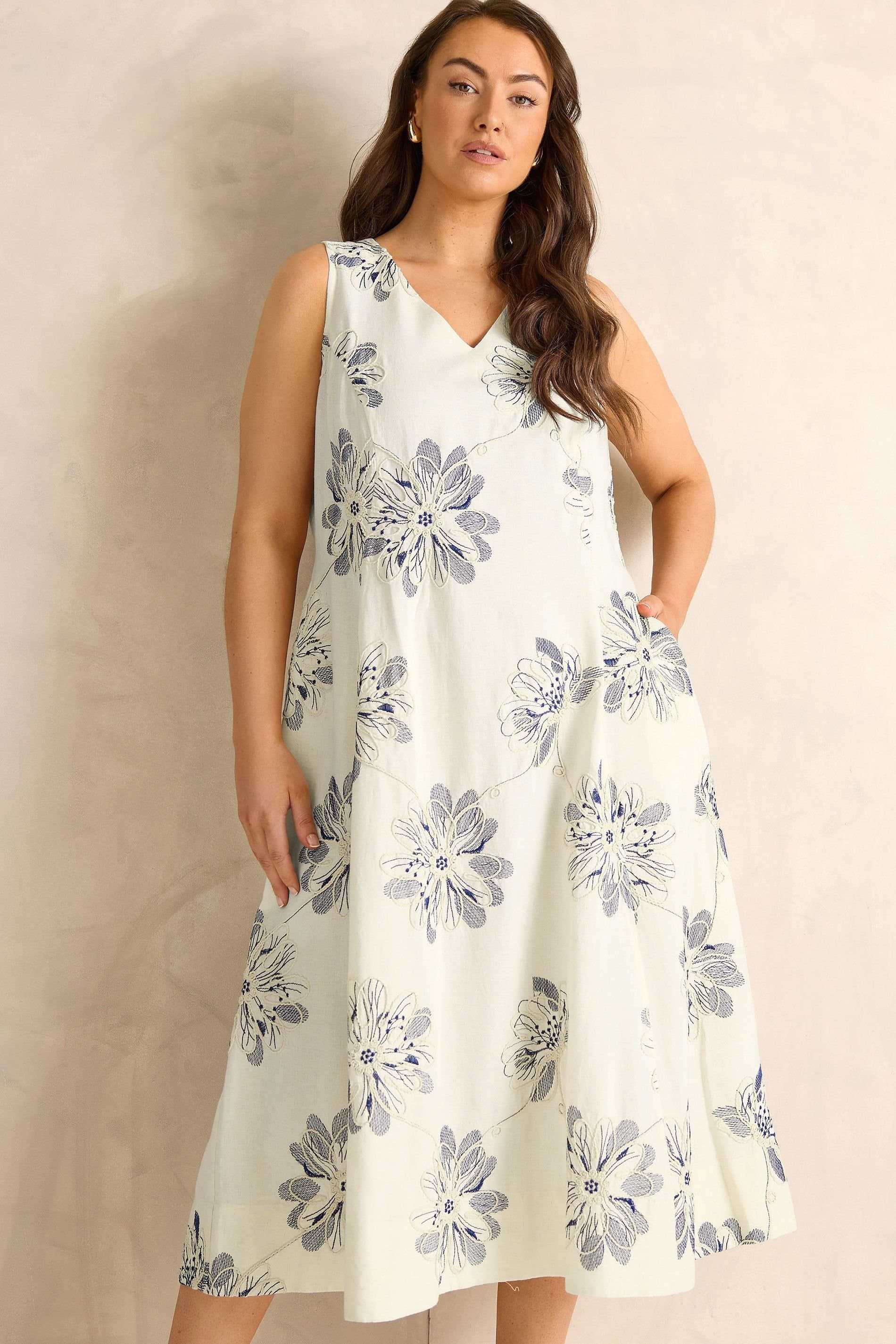 Evans Evans Women's Embroidered Floral Linen Midi Dress in Cream