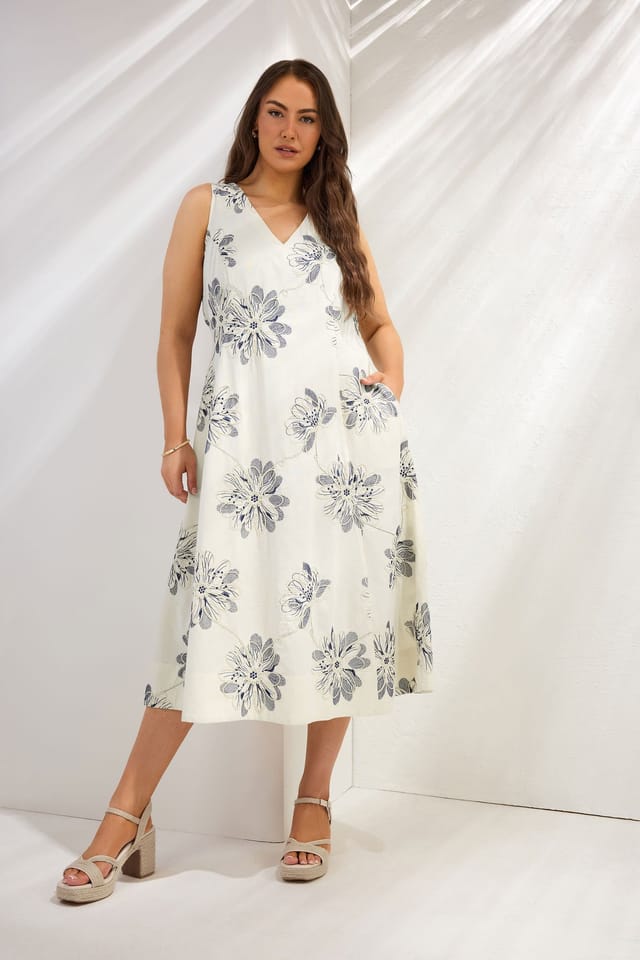 Evans Evans Women's Embroidered Floral Linen Midi Dress in Cream - 2