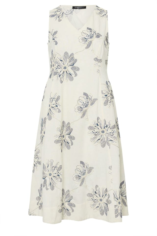 Evans Evans Women's Embroidered Floral Linen Midi Dress in Cream - 3