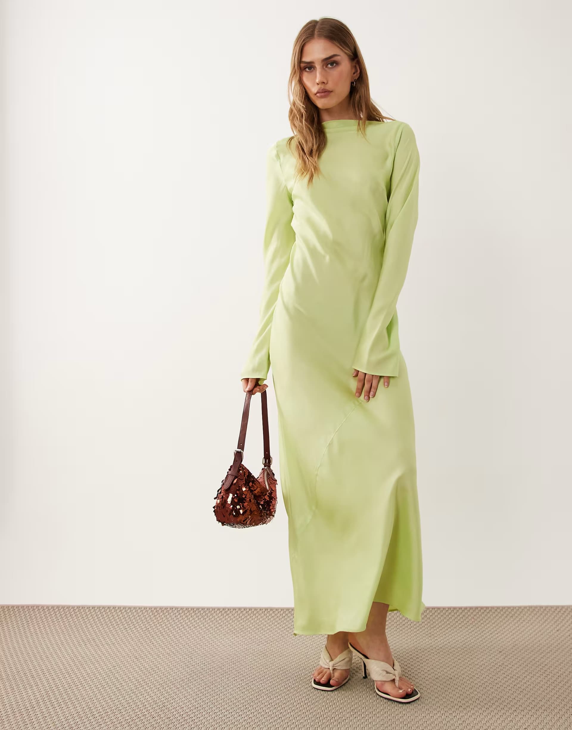 ASOS ASOS DESIGN satin slash neck long sleeve maxi dress in lime green